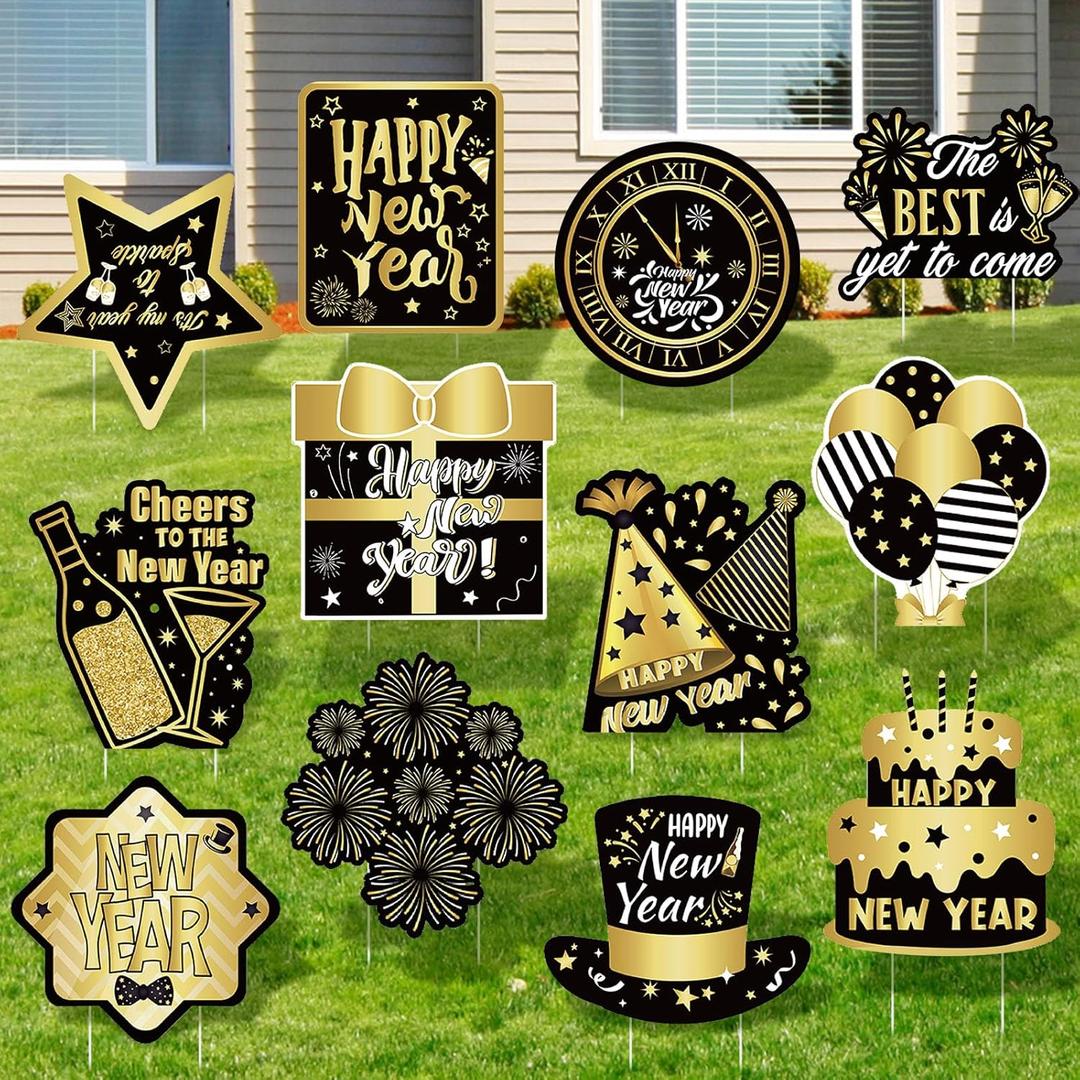 Amyhill 12 Pcs Happy New Year Outdoor Yard Decoration New Year Garden Lawn Signs with Stakes Holiday Waterproof Outdoor Decoration for Patio Lawn Walkway Party Decorations