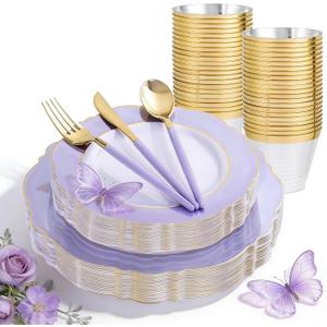 WDF 150Pcs Purple Plates Disposable - Baroque Lavender Purple and Gold Plates - 25Guest Plastic Dinnerware Ideal for Party/Spring/Picnic/Mother's Day