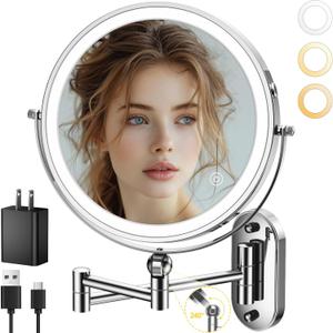 9" Wall Mounted Lighted Makeup Mirror,4000mAh Rechargeable Double Sided 1X/10X Magnifying Mirror with Light,3 Color Lights, Touch Dimmable, Extended Arm 360° Rotation Wall Mounted Makeup Mirror (Chrome)