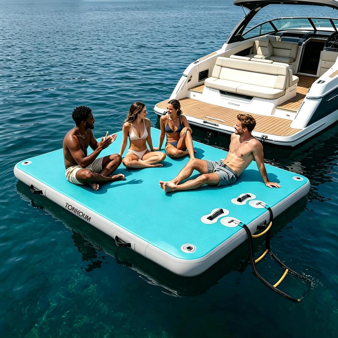 TONKOUM 8ft x 5.25ft x 0.5ft Inflatable Floating Dock Platform, Multi-People Water Mat Swim Docks, Inflatable Dock Raft for Lake/Boat/Island/Pool