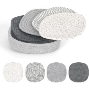 LOVSTORAGE Braided Placemats Set of 5, Washable Cotton Rope Table Mats, Heat Resistant Non-Slip Dining Place Mats for Indoor and Outdoor Use, Square, 7 Inch (Multicolor Set)
