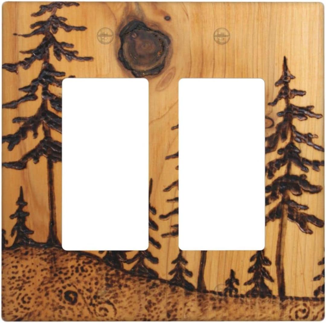 Rustic Wood Print Pine Tree Double Rocker Light Switch Cover Electrical Decorative Mountain Forest Wall Plate Mid Size Farmhouse Switchplate Faceplate for Bathroom Bedroom Kitchen 2 Gang