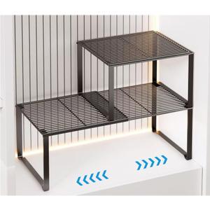 Extendable Metal Wire Shelf Organizer - Adjustable 15-24.4in Length, Stackable Storage Rack for Kitchen/Pantry/Bathroom/Shoe Cabinet/Tool Closet (2,Black)