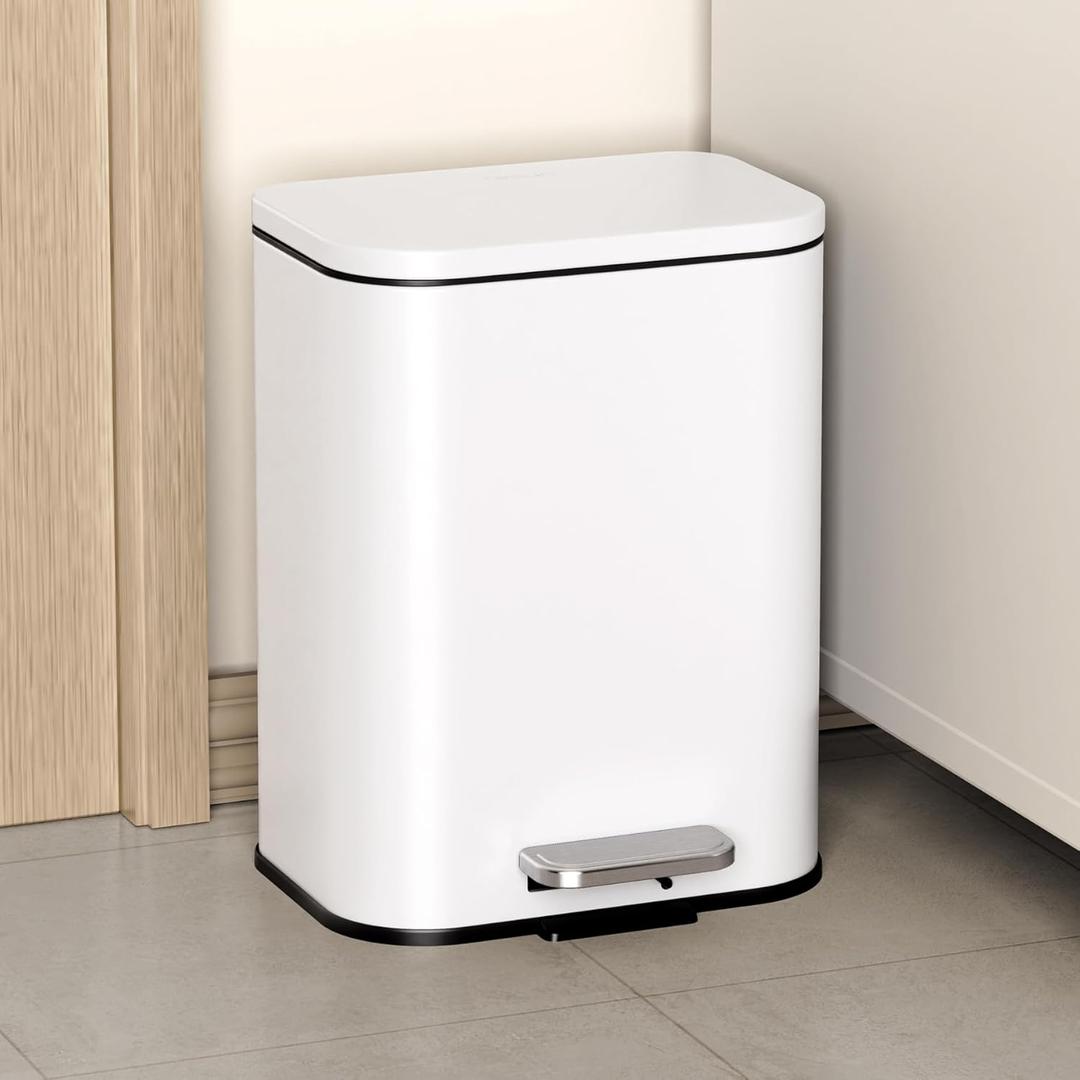 Cesun Small Bathroom Trash Can with Lid-1.3 Gal, Outdoor Stainless Steel Garbage Can for Dog Poop with Anti-Slip Base, for Bathroom, Bedroom, Office, RV, Living Room, White