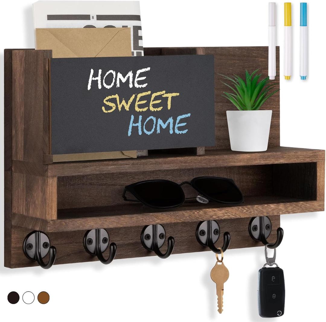 Key Holder for Wall - Key and Mail Holder Wall Mount with Shelf & 3 Liquid Chalks & Chalkboard,Mail Sorter Organizer,Key Hanger with Long Storage Box, Entry Way Organizer,Rustic Home Decor (Brown)