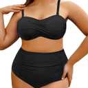 Yonique Women Plus Size Two Piece Swimsuits High Waisted Bathing Suits Bandeau Bikini Tummy Control Swimwear Anti-Slip Strip Black 18W