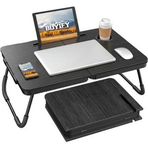 23.4" Foldable Lap Desk Bed Table with Cup Holder Tray Black