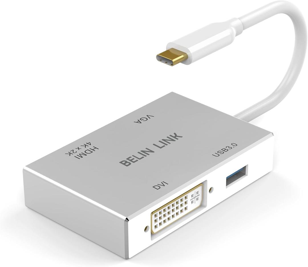 USB C to HDMI DVI VGA USB 3.0 Adapter,USB 3.1 Type-C 4in1 Hub to HDMI DVI 4K VGA USB Adaptor Converter (Thunderbolt 3 Compatible), USB-C Adapter for MacBook/MacBook Pro air/Surface pro (TC 4IN1)