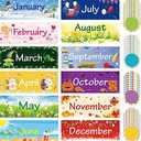 Zonon 48 Pieces Holiday Monthly Headliners Set 12 Months of The Year Headers Seasonal Monthly Bulletin Board Borders with 36 Round Blank Confetti Cutouts(Cute Style)