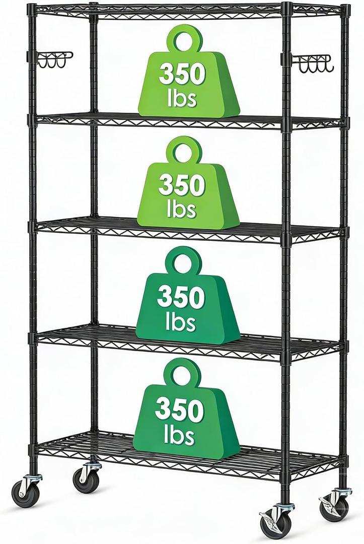 Wire Shelving with Wheels Metal Garage Storage Shelves Rack Unit NSF 5 Tier Heavy Duty Steel Utility Rolling Shelve Adjustable Industrial Sturdy Shelving for Kitchen Garage Pantry Bathroom Laundry