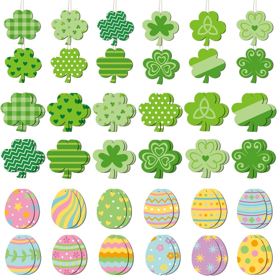 St. Patricks Day Ornaments, 48 Pcs Wooden Ornaments for St Patricks Easter Tree, St Patricks Hanging Ornaments with Twine for Small Tabletop Trees, Tiered Trays, Walls (Modern)
