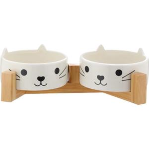 3 Pcs Ceramic Cat Food and Water Bowl with Wooden Stand Set Cute Modern Pet Feeding Bowls for Indoor Cats Dog Feeder Small Pet Dish (Beige,13.5 oz)