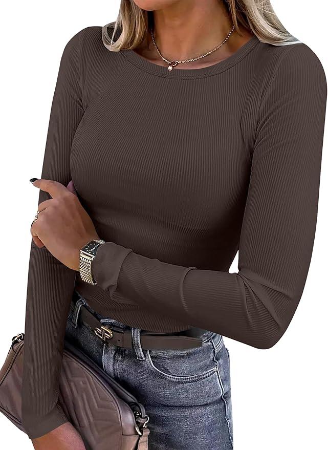 ANRABESS Women Long Sleeve Shirts Rib Knit Slim Fit Tops Basic Tee Spring Outfits Casual T-Shirt Underscrubs Layer Clothes XL