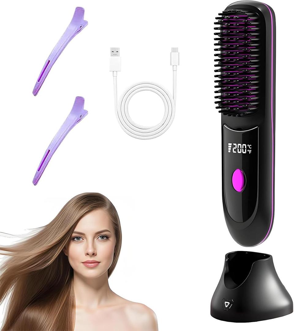 Go Brush Pro Hair Cordless Straightener, Cordless Hair Straightener with Charging Base, Type-C Charging, 20s Fast Heat, with 3 Temperature Settings, Mini Hair Straightening Brush for Travel (Black)