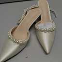 Coutgo Womens Pearl Kitten Heels Closed Pointed Toe Wedding Bride Dress Shoes Ankle Strap Satin Pumps, White, Size 6.5