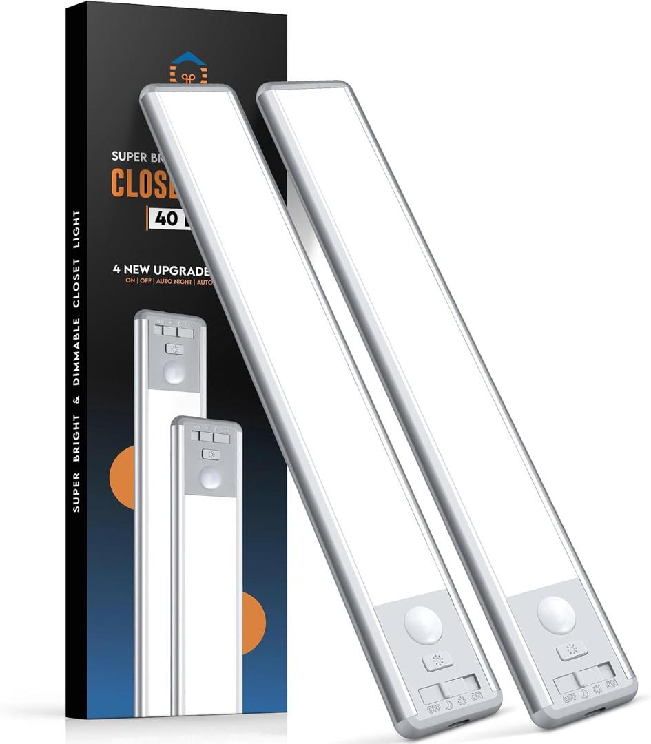 BLS 10inch Under Cabinet Lights, 40 LED Closet Lights, Motion Sensor Light Indoor, Battery Operated Lights, 1800mah USB C Rechargeable Under Cabinet Lighting, Magnetic Night Light for Kitchen (2 Pack) (6000K Cool White)
