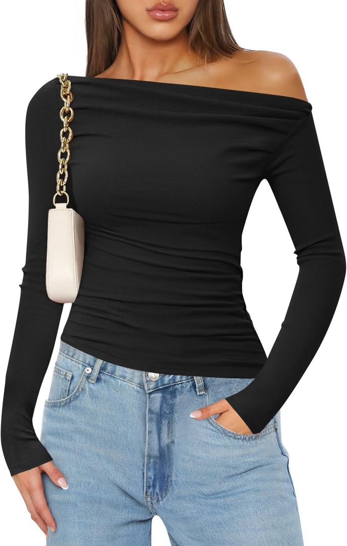 ZESICA Womens Off Shoulder Long Sleeve Tops 2026 Spring Casual Boat Neck Ruched Slim Fit Going Out Y2k Shirts Blouses (Black, M)