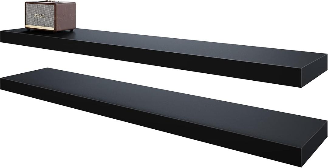 BAMEOS 47in Floating Shelves, Black Wall Mounted Wooden Shelves with Invisible Brackets Set of 2