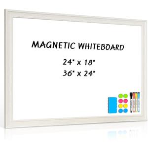 White Board for Wall, 24'' x 18'' Magnetic Dry Erase Board, Decorative Whiteboard with White Vintage Wooden Frame, Hanging Writing Board for Home Office School Dorm