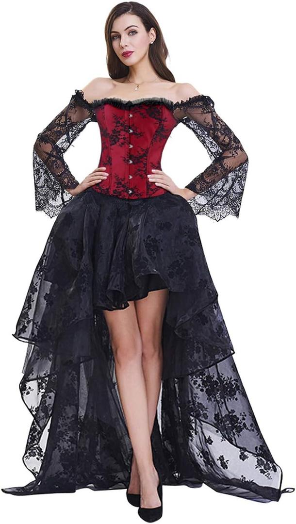 Kimring Women's Steampunk Victorian Elegant Off Shoulder Overbust Corset Dress Skirt Set With Lace Long Sleeves Black/ Red Small