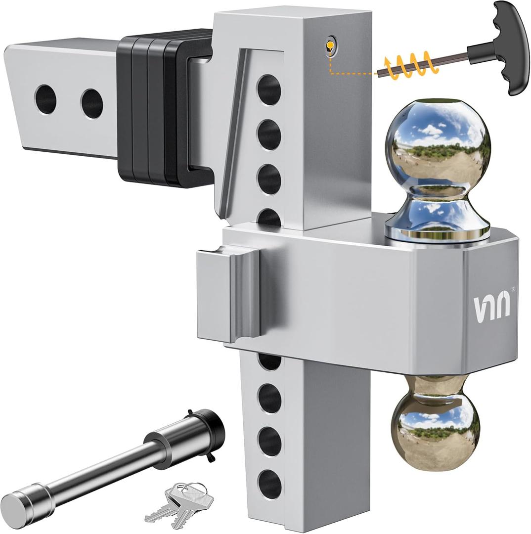 VNN Enganche de cada ajustable, enganche de remolque de doble bola (2 pulgadas y 2-5/16 pulgadas) para receptor de 2.5 pulgadas, cada de 8 pulgadas, 18.500 libras GTW, montaje de bola resistente