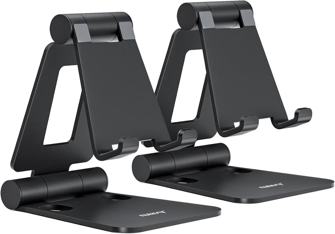 Nulaxy 2 Pack Dual Folding Cell Phone Stand, Fully Adjustable Foldable Desktop Phone Holder Cradle Dock Compatible with iPhone 17 16 15 14 13 12 Pro Max Xs Xr X 8, All Phones, Black