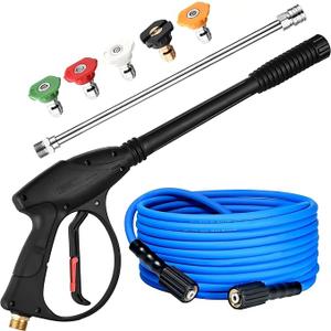 Pressure Washer Gun with 15in Extension Wand & 25FT Hose, 5 Nozzle Tips Quick Connect, Power Washer Hose and Wand Replacement, M22 14mm Fitting for Home Car Clean Washing, 4000 PSI, Blue