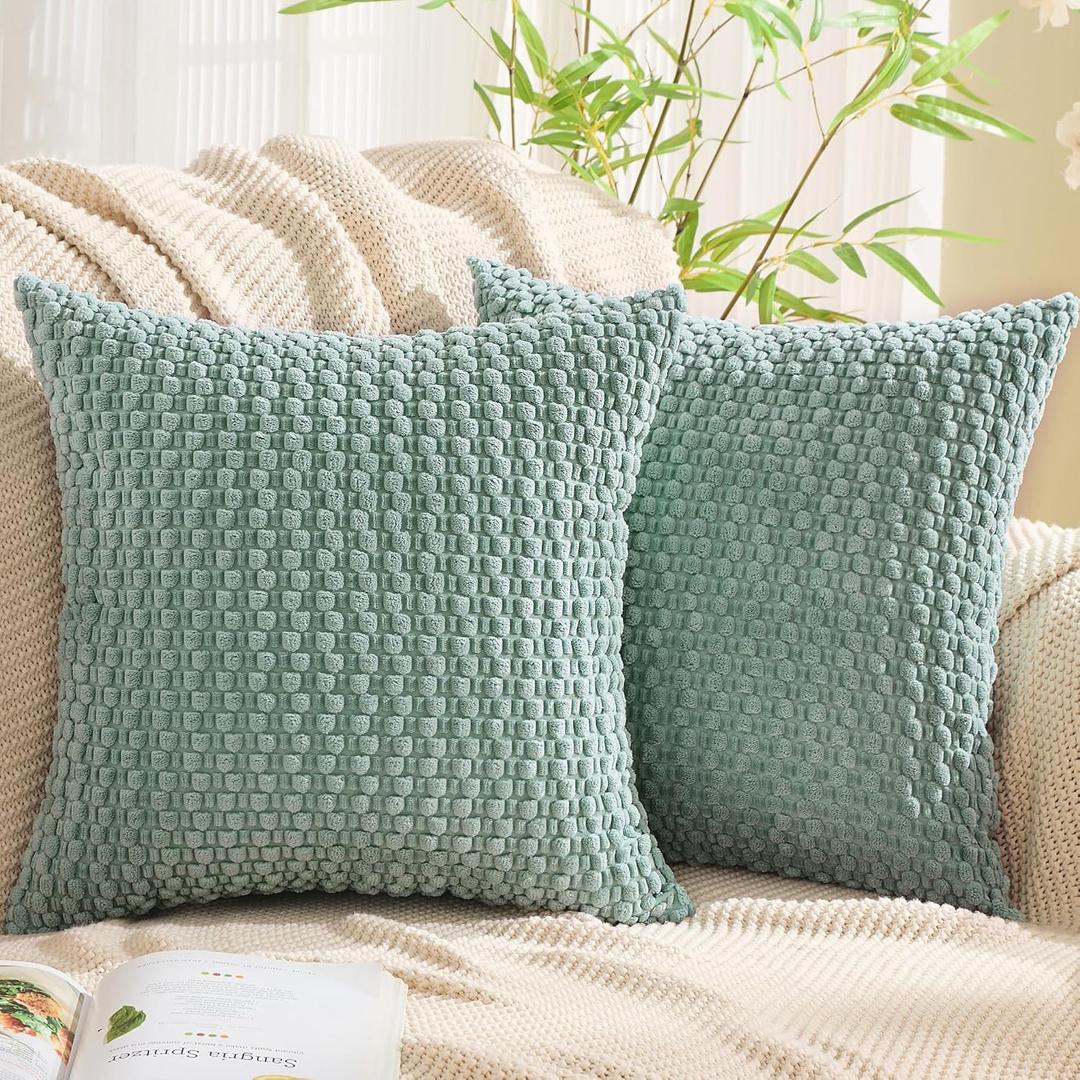 GAWAMAY Decorative Throw Pillow Covers 22x22 Inch Set of 2 for Living Room Couch Bed Sofa, Farmhouse Square Cushion Cover Soft Striped Corduroy Pillow Cases Boho Accent Home Decor (55x55cm) Aqua Blue