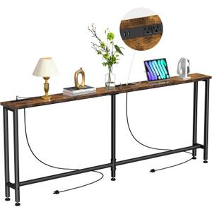 Keelian 102" Narrow Console Sofa Table - 2 Power Outlets & 4 USB Ports, Metal Frame, Rustic Brown, Perfect for Hallway, Office, and Behind Sofa - Easy Assembly, 4.9' Extension Cord Included