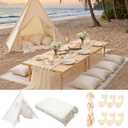 71x87'' Huge Teepee Tent with 91x71'' Extra Large Outdoor Boho Picnic Blanket Table Runner 6 Napkins Woven Cotton Yarn Oversized Beach Blanket Camp Wedding(White)
