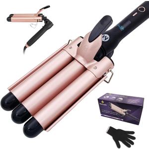 3 Barrel Curling Iron, 1 Inch Ceramic Tourmaline Hair Waver Wand with LCD Temperature Display, Fast Heating Foldable Crimpers for Travel Glove Included (Gold)