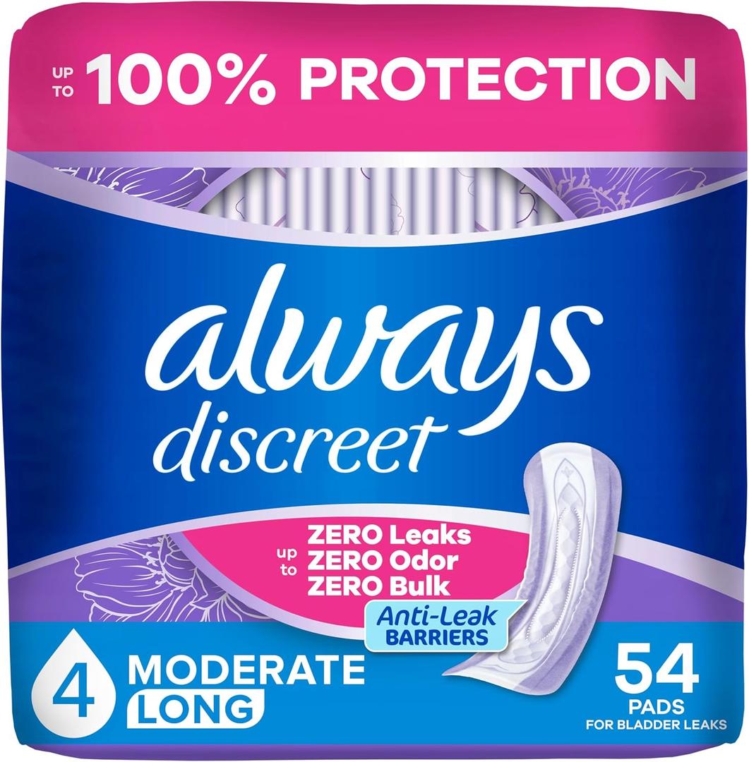 2 x Always Discreet Adult Incontinence Pads for Women, Drier, 4 Drop Long Length, Moderate Absorbency, Pads for Bladder Control Management, Bladder Leaks, & Postpartum Pads, 54ct