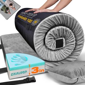 GAIALOOP 3 Inch Memory Foam Camping Mattress, Dual Layer Thick Sleeping Camp Pad for Car Tent Cot, Roll-Up Portable Glamping Floor Bed for Guests Sleepover, Twin: 75*38*3"