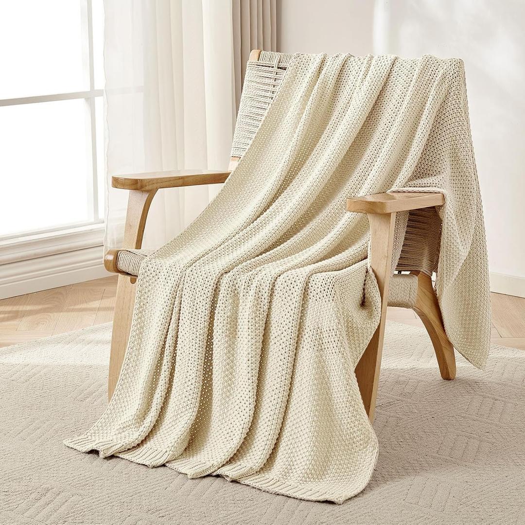 Joydeco Chunky Cable Knit Throw Blanket, Lightweight 100% Cotton Soft Cozy Throw Twin Blanket for Couch Bed and Sofa, Rustic Breathable Farmhouse Blanket Gift for Women Men(Cream White, 60"x80")