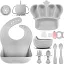 Silicone Baby Feeding Set 10 Pcs Baby Led Weaning Supplies Suction Bowl Divided Plate Baby Bibs Fruit feeder Pacifier Baby Spoons Forks Sippy Cup Utensil Sets Baby Essentials for Newborn Grey