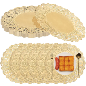 Gueevin 200 Pcs Paper Doilies for Tables Lace Round Paper Placemats Decorative Disposable Placemats Doily Pad for Dinner Plates Dessert Crafts Wedding Tableware(12 Inch,Gold)