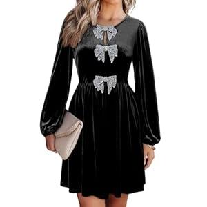 Happy Sailed Velvet Dresses for Women Lantern Sleeve Front Bowknot High Waisted A Line Skater Cocktail Party Dress with Pockets Fall Winter 2025 Black X-Large