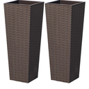 Greesum 24 Inch Tall Plastic Planters with Rattan Texture – Set of 2, Detachable Inner Pot & Drainage Holes, Indoor/Outdoor Decorative Flower Pots for Large Plants, Trees, Patio, and Garden, Brown