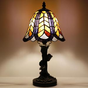 Small Tiffany Lamp Mini Purple Maple Leaf Stained Glass Table Lamp Desk Light 8X8X15.5 Inches with Resin Flower Bas