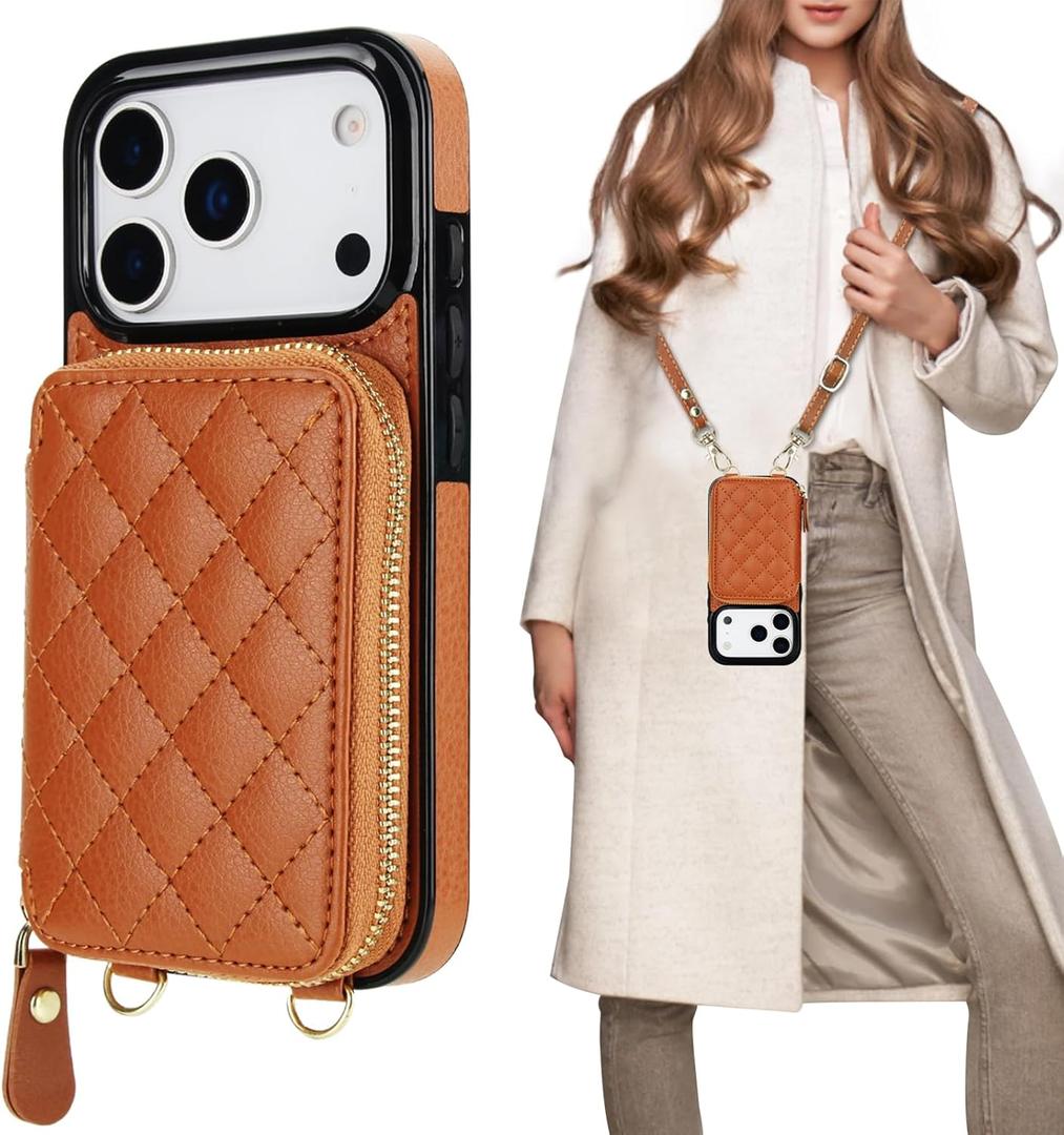 Bocasal Crossbody Wallet Case for iPhone 17 Pro, RFID Blocking PU Leather Zipper Handbag Purse Flip Cover, Kickstand Folio Case with Card Slots Holder Wrist Strap Lanyard 5G 6.3 Inch (Brown)