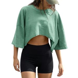 Fisoew Womens Summer Cropped Tops Casual Short Sleeve Drop Shoulder Loose Fit Lightweight Crop Workout T Shirts, Mint, Medium