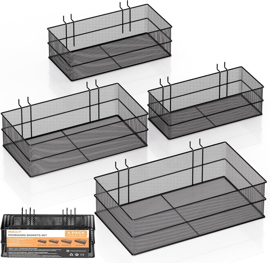 INCLY 4 Pack Upgrade Pegboard Baskets, 4 Sizes Square Style Metal Mesh Pegboard Baskets and Bins, Peg Board Organizer Accessories for Garage Craft Room Office Kitchen