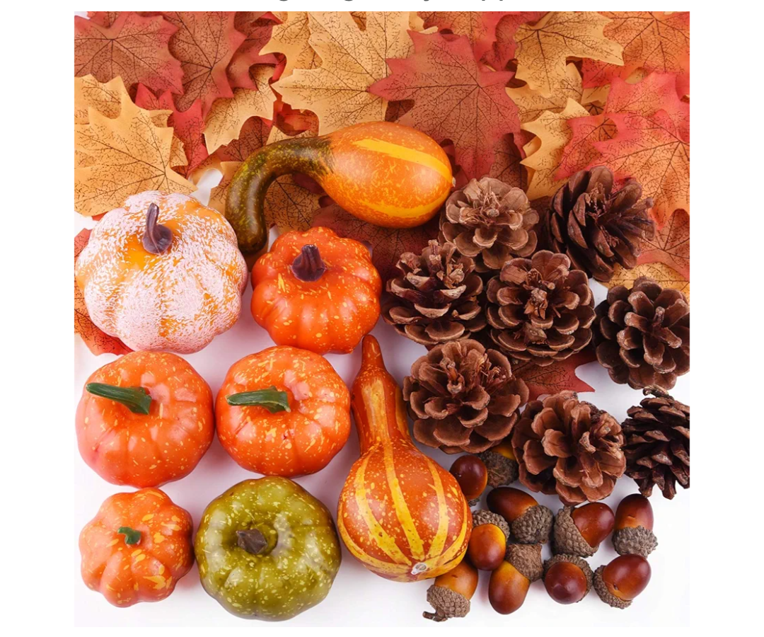 FEPITO 56 Pcs Fall Thanksgiving Decorations, Mini Artificial Pumpkins, Pine Cones, Fall Leaves, Acorns for Fall Party Decorations, Autumn Decorating Kit Halloween Thanksgiving Party Supplies