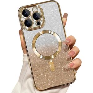 Misscase for iPhone 16 Pro Max Magnetic Glitter Case Compatible with MagSafe,Camera Lens Protector Full Protection Elegant Anti-Scratch Dust-Proof Net Case Cover for iPhone 16 Pro Max Gold