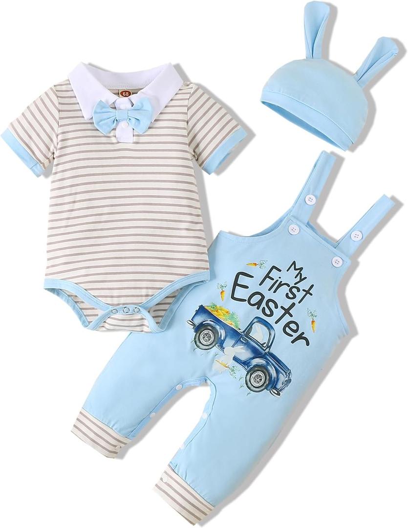 Baby Boys Easter Outfit Easter Clothes Bodysuit+ Suspender Pant+ Hat (3-6 Months, Blue) 68