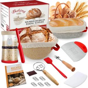 Sourdough Starter Kit,Gift for Bakers Sourdough Bread Baking Supplies,34oz Starter Jar, 2 Cotton Rope Proofing Baskets & More for Sourdough Starter Bread Making Baking Fermentation