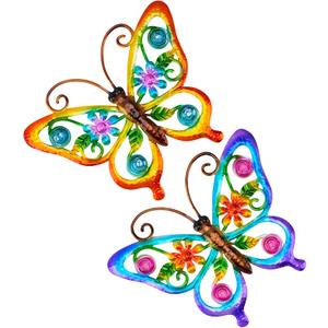YIWEMON 2 Pack Metal/Glass Butterfly Wall Decor, 14.2" Outdoor Fence Wall Art Decor, Wall Sculpture Hanging Decoration Perfect for Garden Yard Living Room Bedroom Patio Balcony