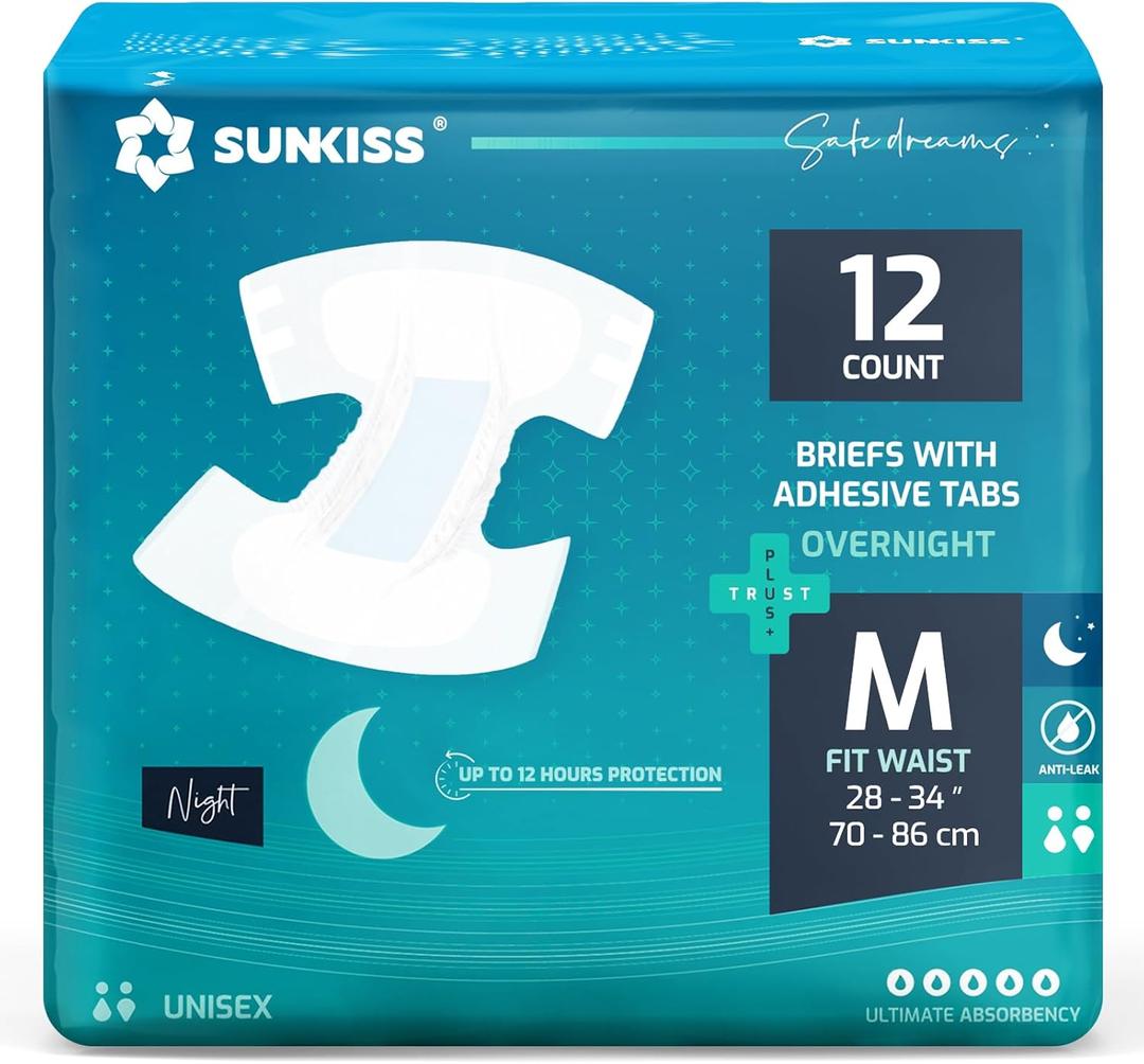SUNKISS TrustPlus Overnight Adult Diapers with Tabs, Unisex Disposable Incontinence Briefs for Men and Women, Odor Control, Medium, 12 Count