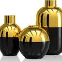 Blcka Glossy Gold Ceramic Flower Vase Set of 3,Gold Modern Round Decorative Vases for Pampas Grass Home Decor,Bedroom,Office,Living Room,Bookshelf,Wedding,Bathroom Table Centerpiece (Black)