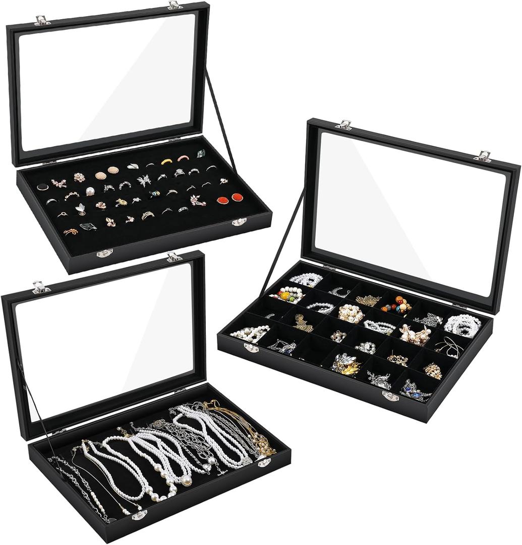 Sasylvia 3 Pcs Large Size Jewelry Display Box Glass Display Cases, Necklace Organizer Box, Earrings Ring Holder 13.8 x 9.5 x 2 Inches (Black)
